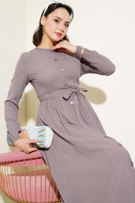 Boydan Düğmeli Kuşaklı Basic Elbise Vizon - Tesettür Elbise