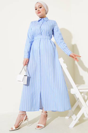 Boydan Düğmeli Kuşaklı Çizgili Elbise Buz Mavisi - Elbise