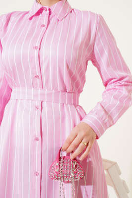Boydan Düğmeli Kuşaklı Çizgili Elbise Pembe - 300-500 TL Ürünler