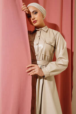 	 Boydan Düğmeli Kuşaklı Deri Elbise Bej - Tesettür Elbise