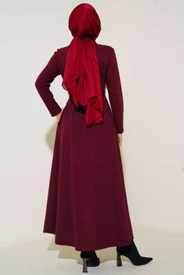 Boydan Düğmeli Kuşaklı Elbise Bordo - Thumbnail