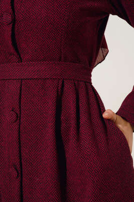 Boydan Düğmeli Kuşaklı Elbise Bordo - Thumbnail