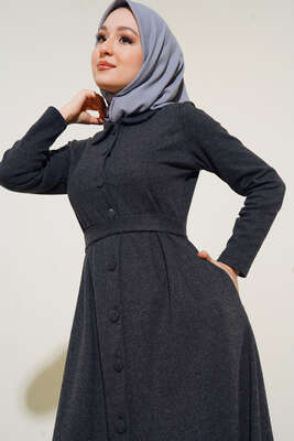 Boydan Düğmeli Kuşaklı Elbise Füme - Thumbnail