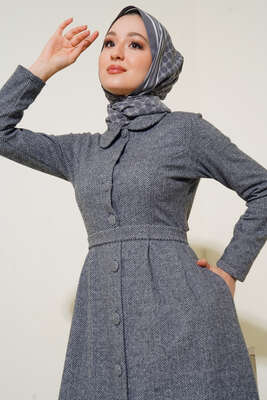 Boydan Düğmeli Kuşaklı Elbise Gri - Thumbnail