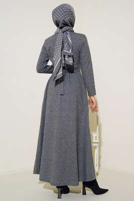 Boydan Düğmeli Kuşaklı Elbise Gri - Thumbnail