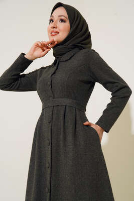 Boydan Düğmeli Kuşaklı Elbise Haki - Thumbnail