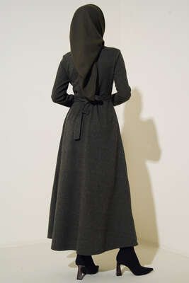 Boydan Düğmeli Kuşaklı Elbise Haki - Thumbnail