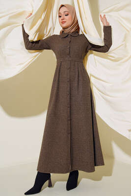 Boydan Düğmeli Kuşaklı Elbise Vizon - Thumbnail