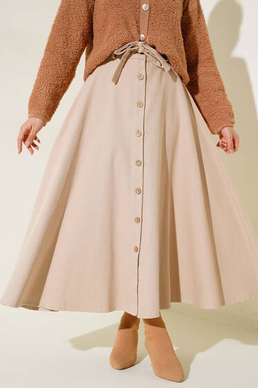 Boydan Düğmeli Kuşaklı Etek Bej - Uzun Etek