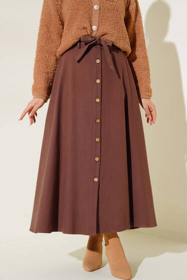 Boydan Düğmeli Kuşaklı Etek Kahve - Uzun Etek