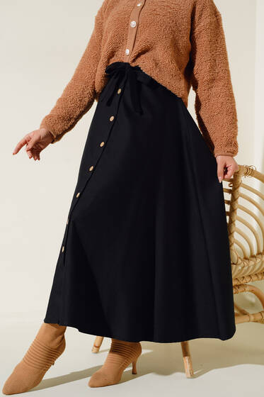 Boydan Düğmeli Kuşaklı Etek Siyah - Uzun Etek