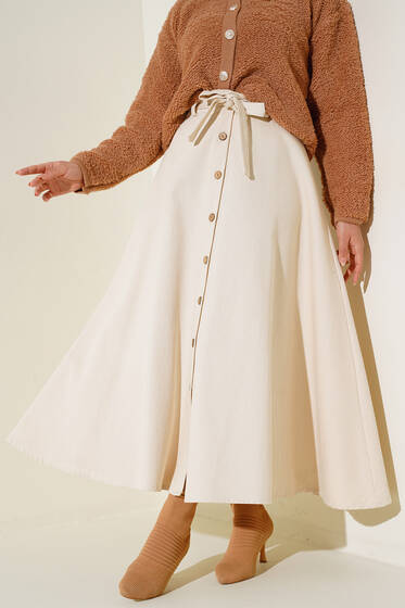 Boydan Düğmeli Kuşaklı Etek Taş - Uzun Etek