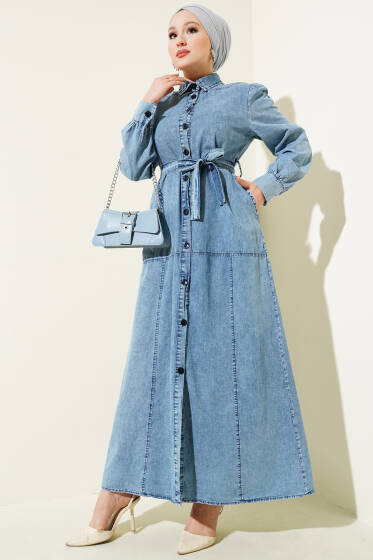 Boydan Düğmeli Kuşaklı Gömlek Yaka Elbise Kot Mavisi - Elbise
