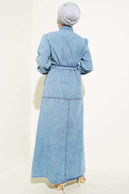Boydan Düğmeli Kuşaklı Gömlek Yaka Elbise Kot Mavisi - Tesettür Elbise