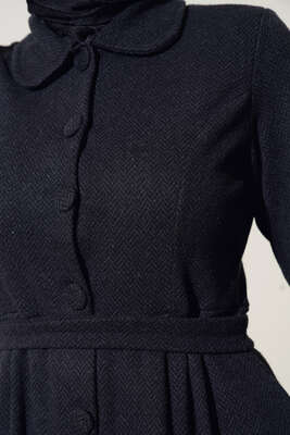 Boydan Düğmeli Kuşaklı Elbise Siyah - Thumbnail