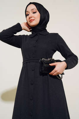 Boydan Düğmeli Kuşaklı Elbise Siyah - Thumbnail