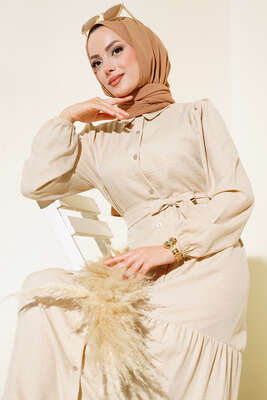 Boydan Düğmeli Kuşaklı Keten Elbise Bej - Thumbnail