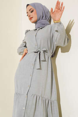 Boydan Düğmeli Kuşaklı Keten Elbise Gri - Thumbnail