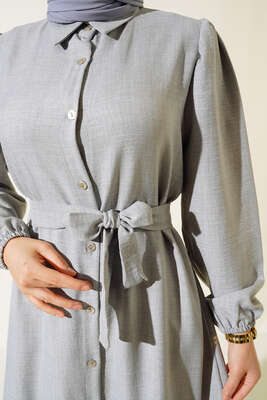 Boydan Düğmeli Kuşaklı Keten Elbise Gri - Thumbnail