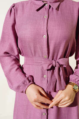 Boydan Düğmeli Kuşaklı Keten Elbise Gül Kurusu - Thumbnail