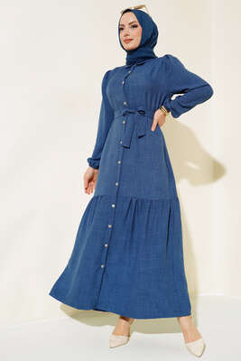 Boydan Düğmeli Kuşaklı Keten Elbise İndigo - Thumbnail
