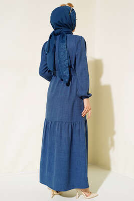 Boydan Düğmeli Kuşaklı Keten Elbise İndigo - Thumbnail