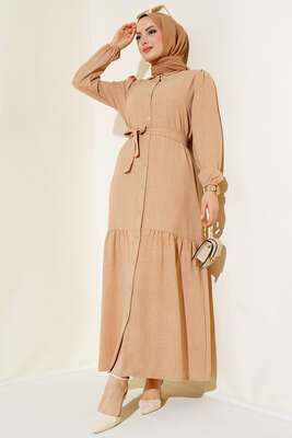 Boydan Düğmeli Kuşaklı Keten Elbise Latte - Thumbnail