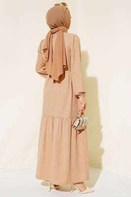 Boydan Düğmeli Kuşaklı Keten Elbise Latte - Thumbnail