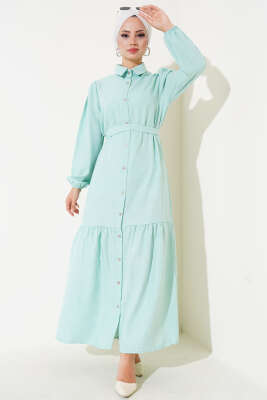 Boydan Düğmeli Kuşaklı Keten Elbise Mınt