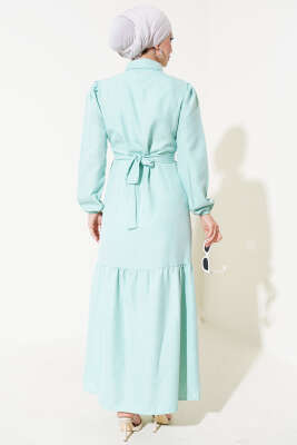 Boydan Düğmeli Kuşaklı Keten Elbise Mınt - Tesettür Elbise