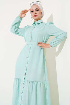 Boydan Düğmeli Kuşaklı Keten Elbise Mınt - Tesettür Elbise