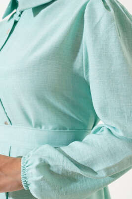 Boydan Düğmeli Kuşaklı Keten Elbise Mınt - Tesettür Elbise