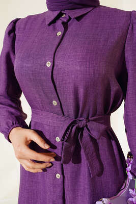 Boydan Düğmeli Kuşaklı Keten Elbise Mor - Thumbnail
