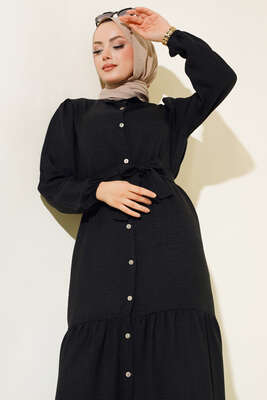 Boydan Düğmeli Kuşaklı Keten Elbise Siyah - Thumbnail