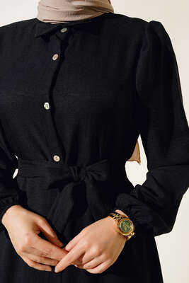 Boydan Düğmeli Kuşaklı Keten Elbise Siyah - Thumbnail