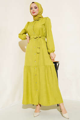 Boydan Düğmeli Kuşaklı Keten Elbise Yağ Yeşili - Thumbnail