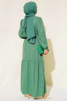 Boydan Düğmeli Kuşaklı Keten Elbise Yeşil - Thumbnail