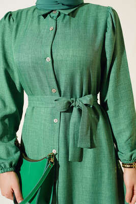 Boydan Düğmeli Kuşaklı Keten Elbise Yeşil - Thumbnail