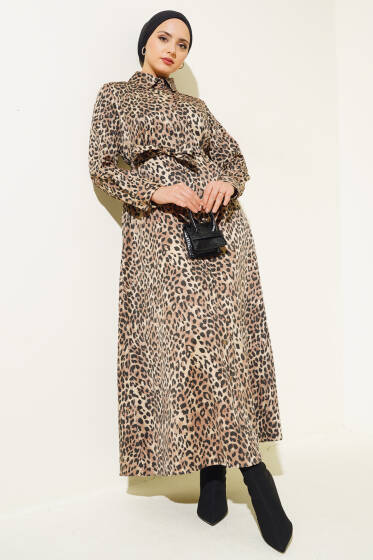 Boydan Düğmeli Leopar Desen Elbise Camel - Elbise