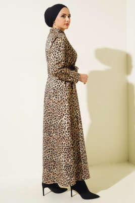 Boydan Düğmeli Leopar Desen Elbise Camel - Tesettür Elbise