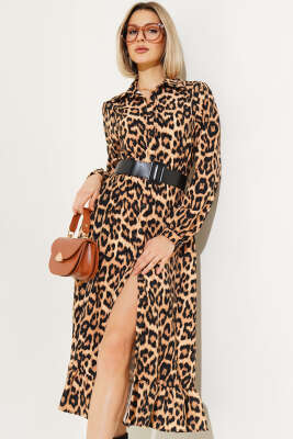 Boydan Düğmeli Leopar Desen Midi Elbise Camel - Kadın Giyim Modelleri