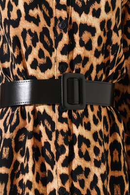 Boydan Düğmeli Leopar Desen Midi Elbise Camel - Kadın Giyim Modelleri