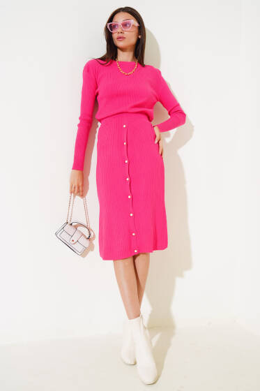 Boydan Düğmeli Midi Etekli Fitilli Triko Takım Fuşya - Triko