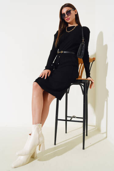 Boydan Düğmeli Midi Etekli Fitilli Triko Takım Siyah - Triko