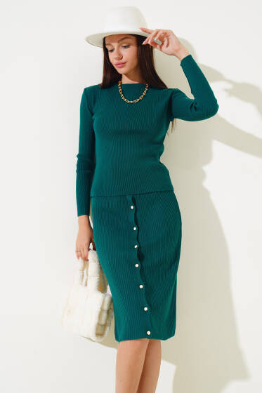 Boydan Düğmeli Midi Etekli Fitilli Triko Takım Zümrüt - Triko