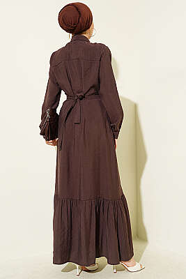 Boydan Düğmeli Nervürlü Elbise Kahve - Elbise