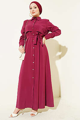 Boydan Düğmeli Parça Detaylı Kuşaklı Elbise Bordo - ASME