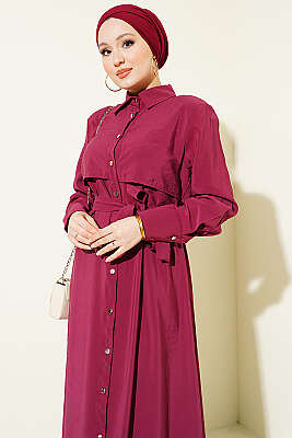 Boydan Düğmeli Parça Detaylı Kuşaklı Elbise Bordo - Elbise