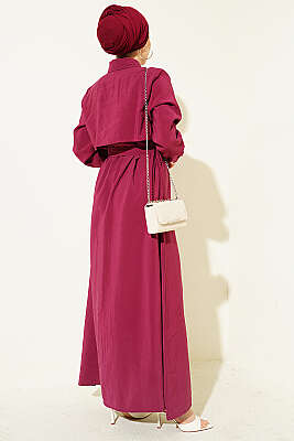 Boydan Düğmeli Parça Detaylı Kuşaklı Elbise Bordo - Elbise