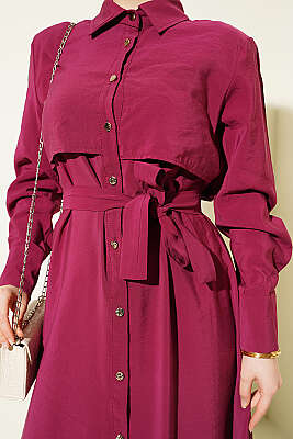 Boydan Düğmeli Parça Detaylı Kuşaklı Elbise Bordo - Elbise